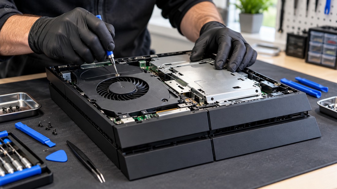 Technician repairing the internal components of a PlayStation 4 console