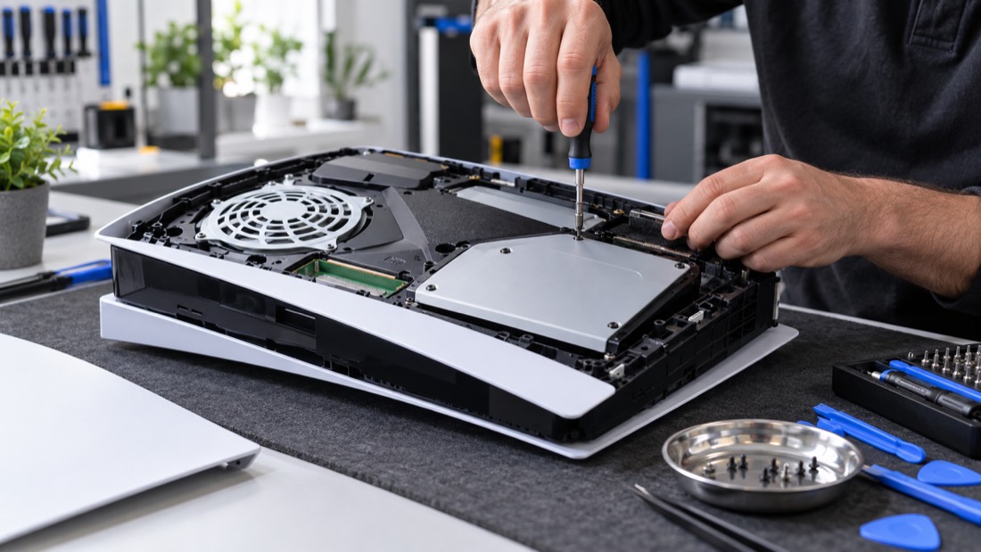 Technician repairing the internal components of a PlayStation 5 console